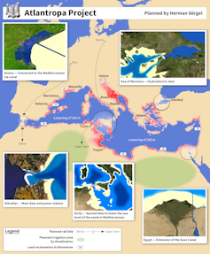 Map of the Mediterranean, showing the land that could be claimed from the by damming the Gibraltar Strait